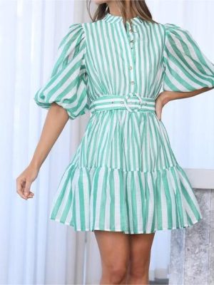 Spring Summer Striped Long Belt Dress