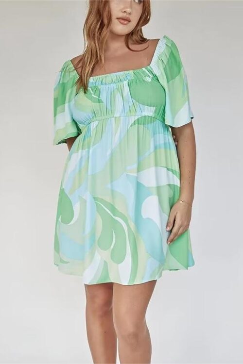 Spring Printed Dress Short Sleeve Squ...