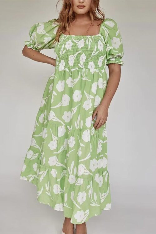 Spring Printed Maxi Dress Short Sleev...