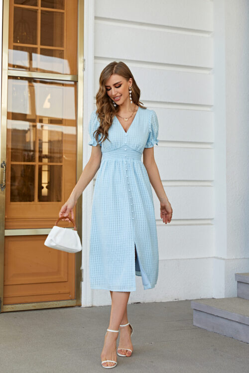 Women Summer Puff Sleeve V Neck Solid Elegant Regular Daily Midi A Line Dress Split Dress