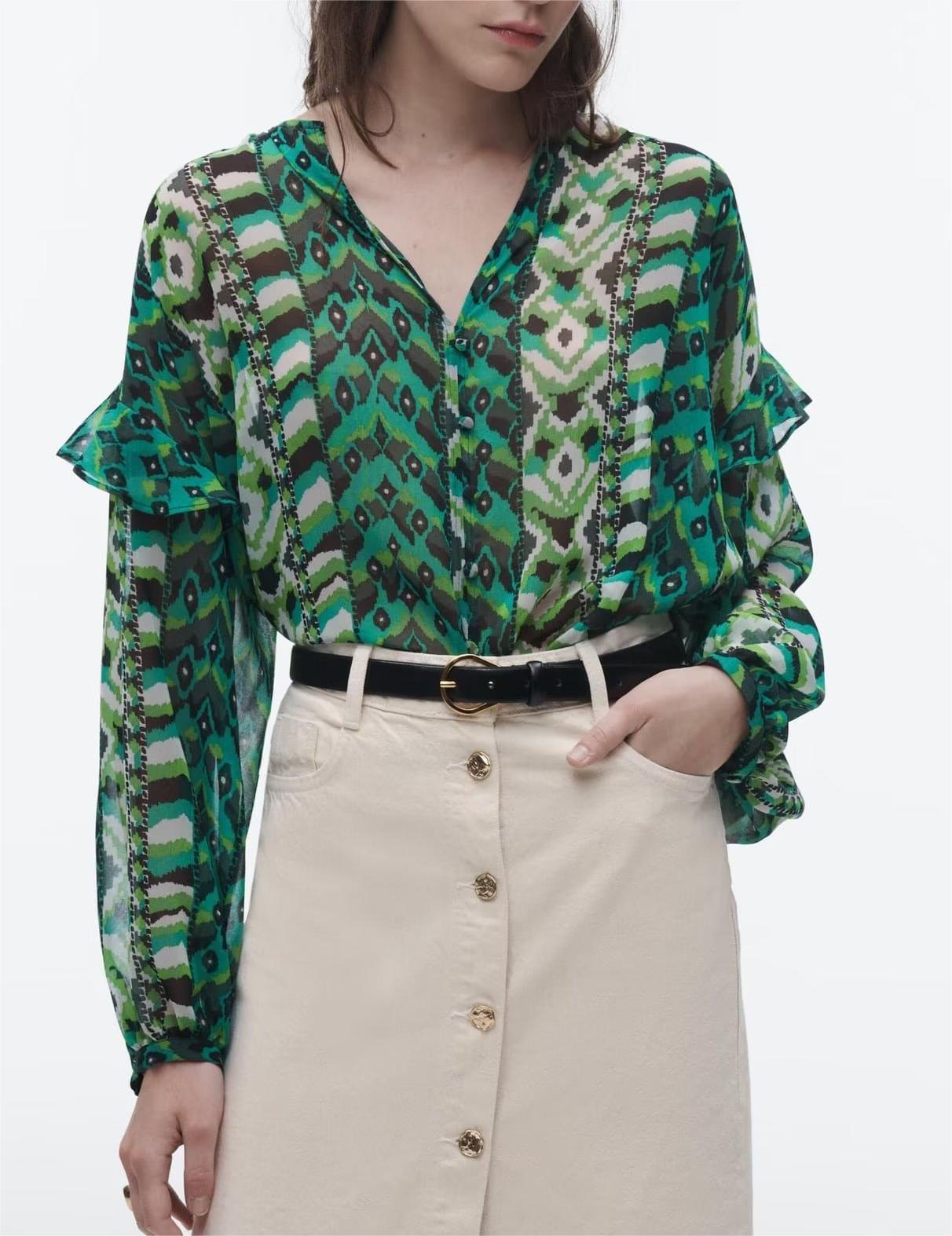 Printed Pullover Green Women  Clothing Early Spring Horizontal Crepe Silk Floral Printed French Frill Shirt with Ribbon