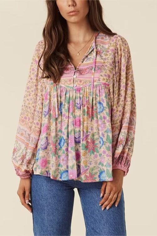 Spring Positioning Printing Patchwork Top Ethnic Vacation Long Sleeve Rayon Shirt Women
