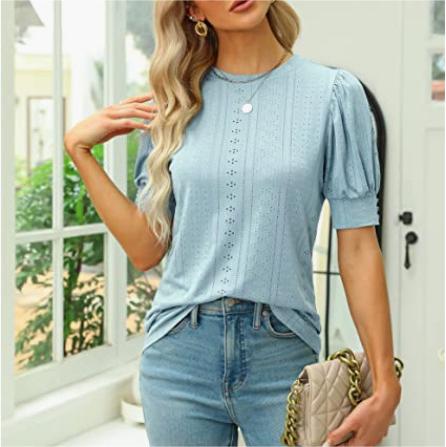 Women Clothing Women Casual Top Short Puff Sleeve Cute Shirt Loose