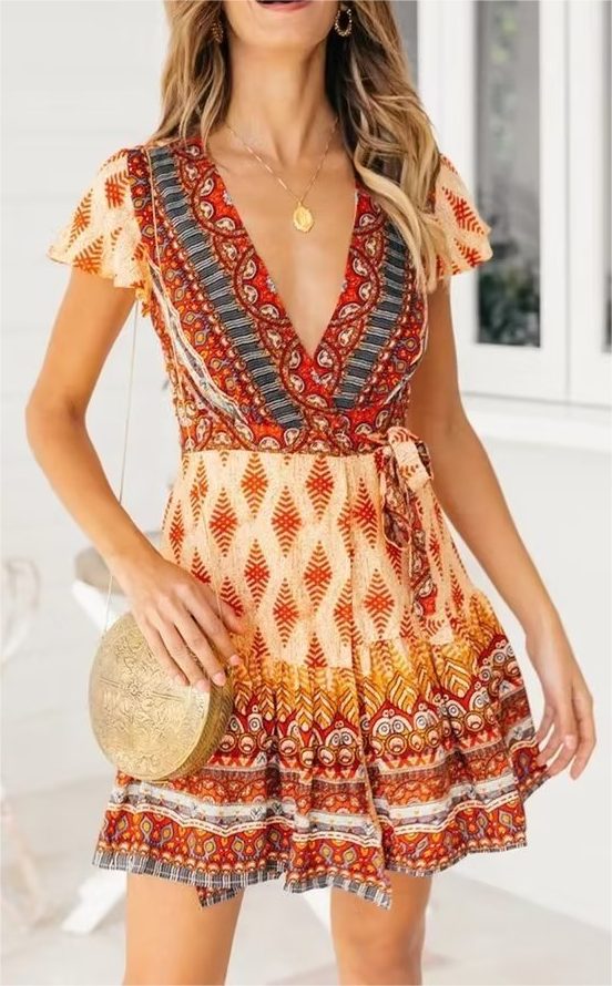 Women Printed Fresh High Waist Short Sleeve Dress