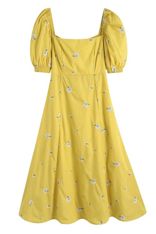 Spring Yellow Square Collar Puff Slee...