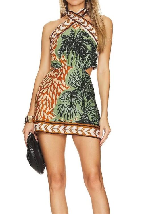 Summer Printed Hollow Out Cutout Back...