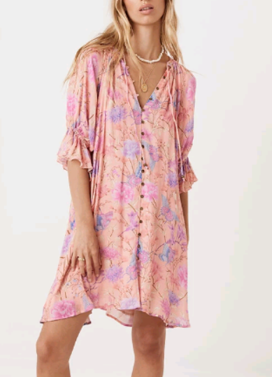 Spring Summer Rayon Positioning Floral Belt Tassel Dress