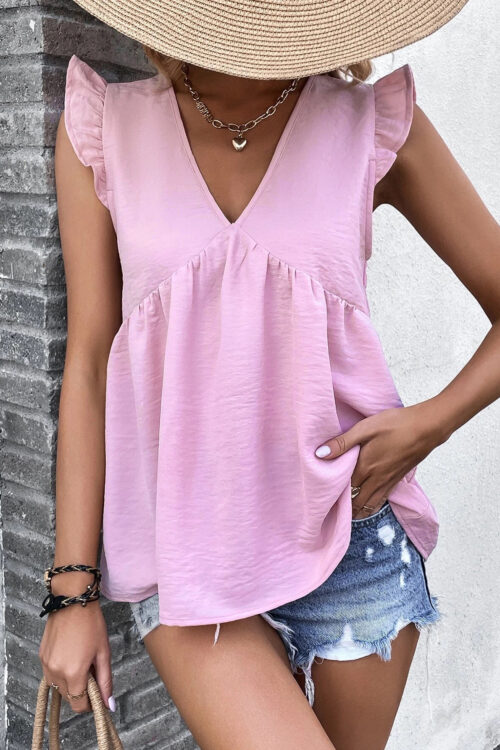 V Neck Ruffle Top Summer Solid Color ...