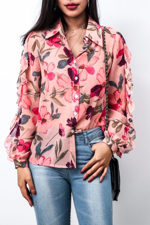 Women Clothing Summer Single-Breasted Printed Ruffle Sleeve Chiffon Shirt