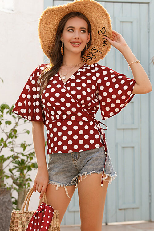 Polka Dot V-neck Flared Short-Sleeved Chiffon Shirt for Women Summer