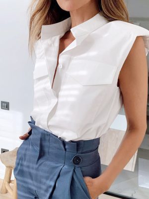 Summer White Padded Shoulder Shirt Wo...