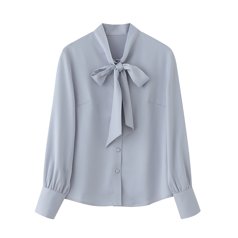 Autumn Bow Lace-up Women Long-Sleeved Blouse Satin Ribbon Business Office Top