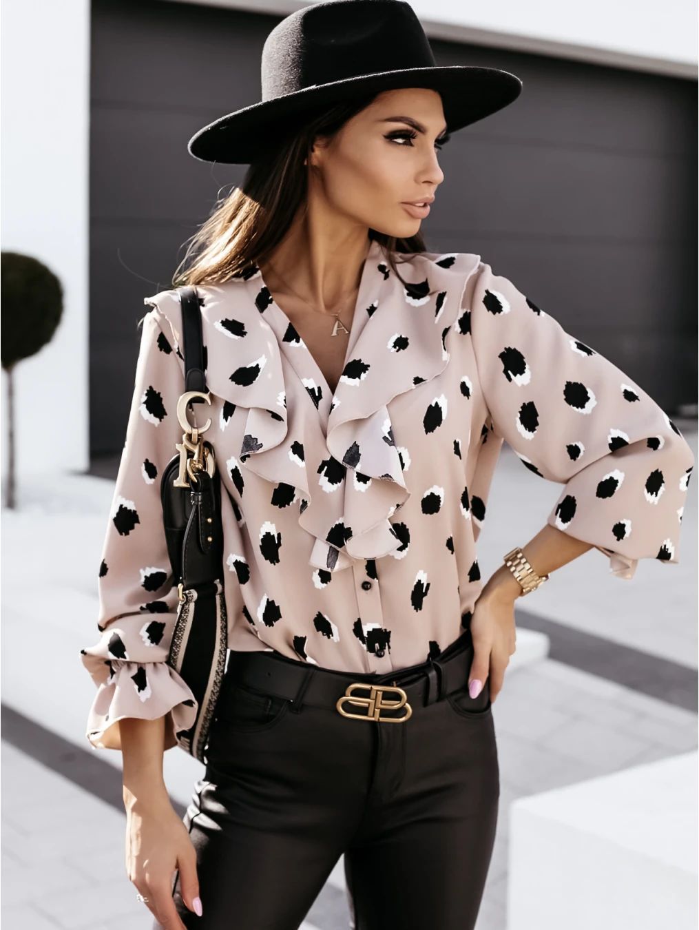 V-neck Flounce Button Long Sleeve Printed Shirt Top For Women