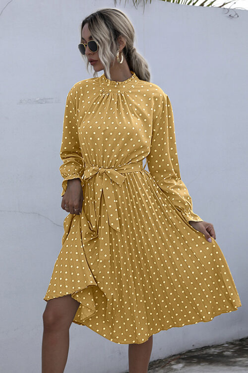 Polka Dot Self Tie Pleated Dress Wome...