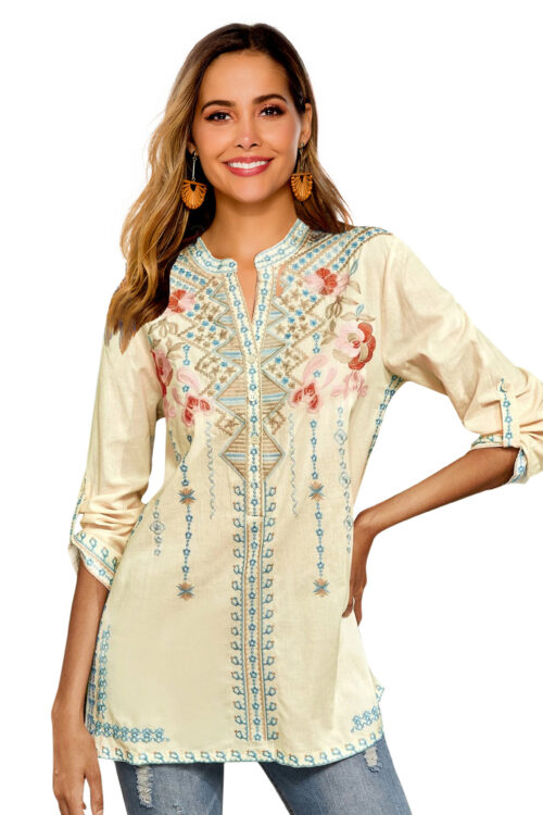 Spring Women Long-Sleeved Shirt Embroidered  Overseas Mid-Length Stand Collar Shirt