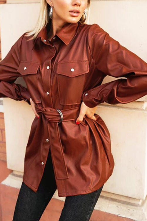 Vintage Faux Leather Women Shirts With Belt Causal Turn-down Collar Blouse Shirt Autumn Winter Chic Pocket Shirt Tops