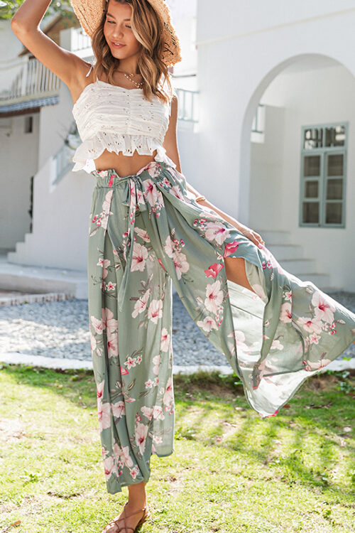 Casual Printed Wide Leg Trousers High Waist Holiday Ruffled Women Pants Loose Flowing Summer Women Trousers