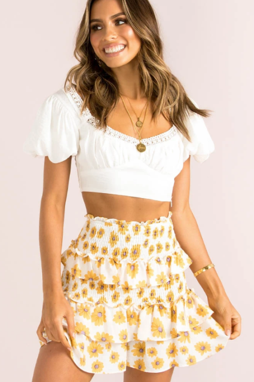 Women Boho Floral High Waist Ruffle A-line Mini Skirt