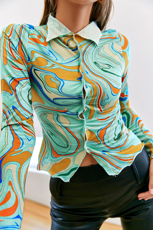 Whirlpool Printed Winter Autumn Blouse Shirt Girl Bodycon Slim Autumn Green Chic Fashion Long Sleeve Tops New