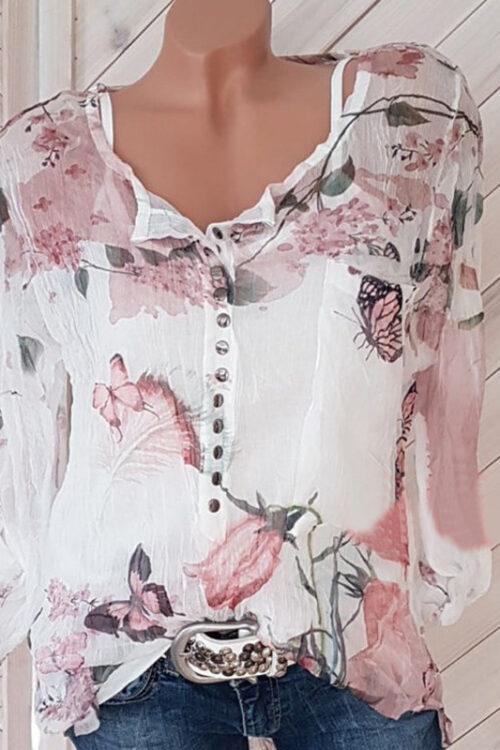 Popular Long Sleeved Printed Shirt V neck Buttons Top Chiffon Shirt Plus Size