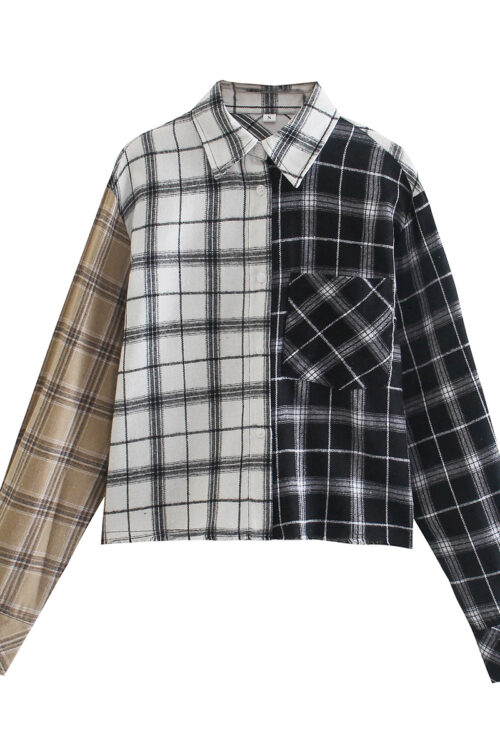 Women Clothing Loose Casual All-Matching Turn-down Collar Long Sleeve Color-Contrast Check Shirt