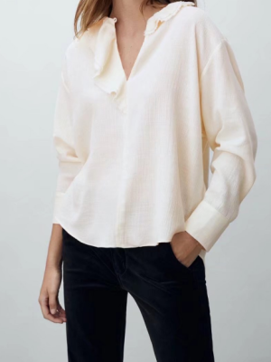 Round Neck Pullover Beige Ruffled Nec...