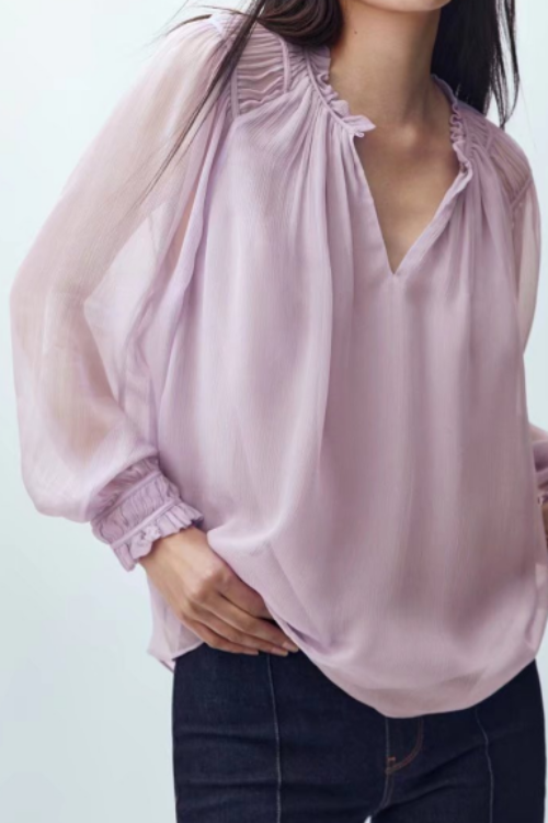 Women Long-Sleeved Elegant Crepe Casual Shirt, Autumn Lavender