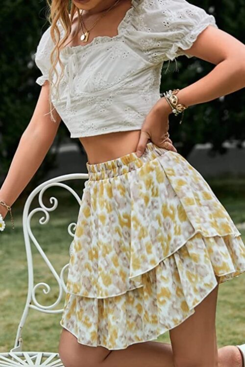Summer High Waisted Layered Pleated Skirt,U Shaped Floral Print Flowing Bohemian Mini Skirt