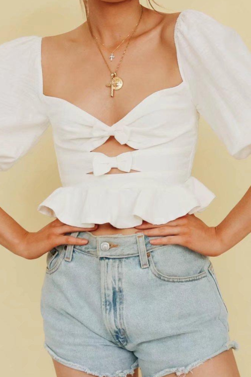 Spring Summer Square Collar Front Chest Knotted Short Top Puff Sleeve Hem Ruffled Cropped Shirt