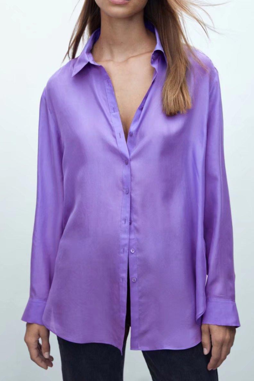 Women Light Purple Collared Basic Solid Color Satin Drape Autumn Long Sleeve Shirt