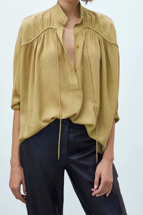 New Bow Tie Detail Turtleneck Casual Blouse Yellow Tall Collar Loose Version Female Autumn Shirt