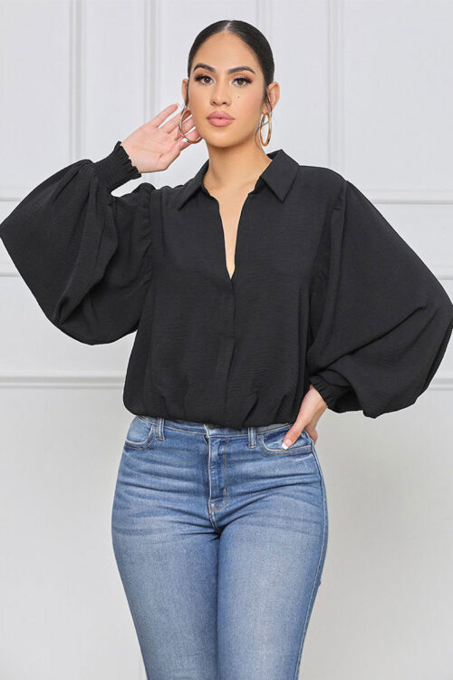 Shirt Women Design Women Clothing Loose Lapels Black Long Sleeve Solid Color Shirt Casual Spot