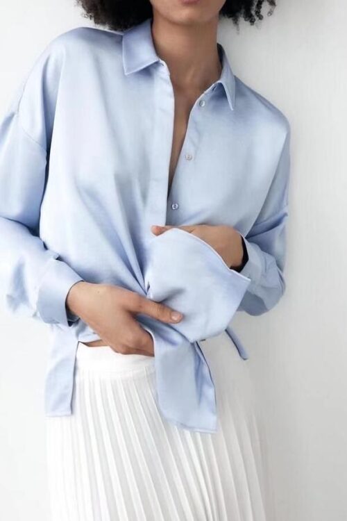 Spring Women Clothing Slimming Shoulder Sleeve Silk Satin Texture Shirt