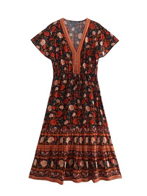 Summer Positioning Printed Dress V-ne...