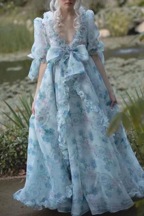 Floral Print Dress Bubble Sleeve Retr...