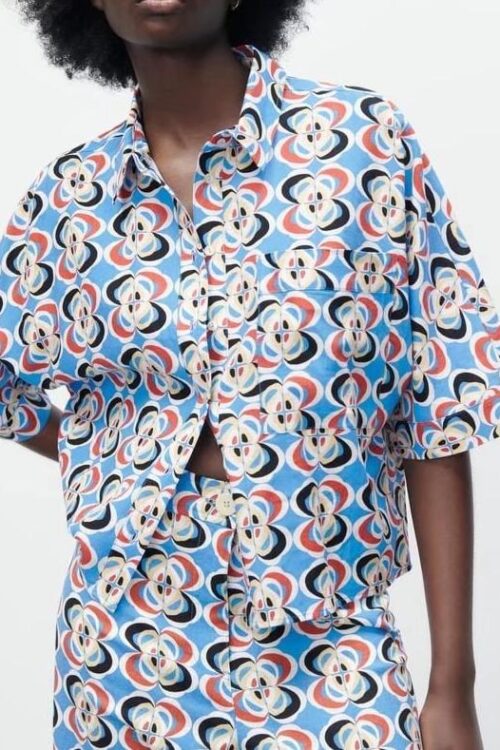 Fashion Women Clothing Summer Geometric Abstract Print Loose Half Sleeve Trendy Women Shirt