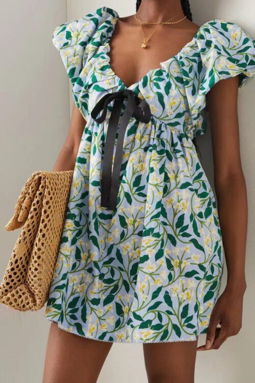 Summer French Bow Printed V-neck Dres...
