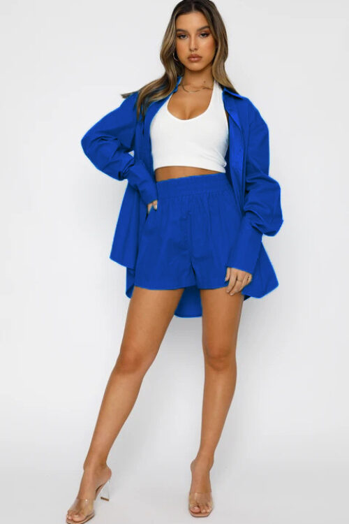 Women Clothing Summer Solid Color Casual Loose Collared Long Sleeves Shirt High Waist Shorts Two-Piece Set