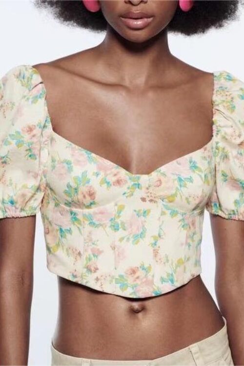 Fresh Sweet Puff Sleeve Top Slim Fit Slimming Women Spring Summer Floral Printed T-shirt