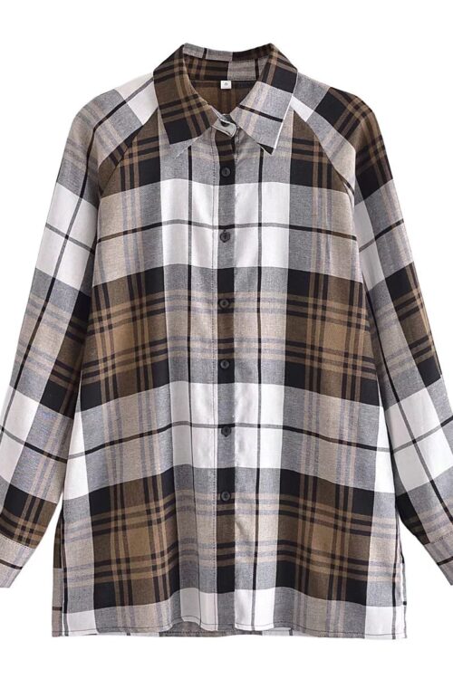 Summer Khaki Plaid Shirt Single-Breasted Mid-Length Top