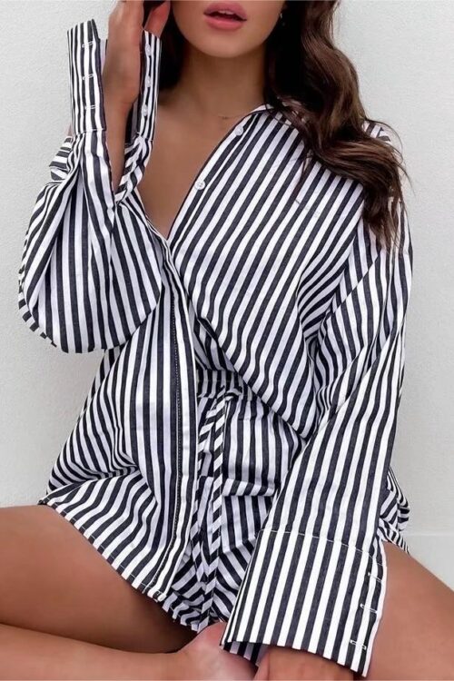 Elegant Slightly Mature Collared Single Breasted Top Mid-Length Women Clothing Spring/Summer Striped Contrast Color Long Sleeves Shirt