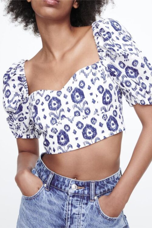 Printed Top Quality Slimming Short Sleeve Square Collar Women Cropped Outfit Short Shirt