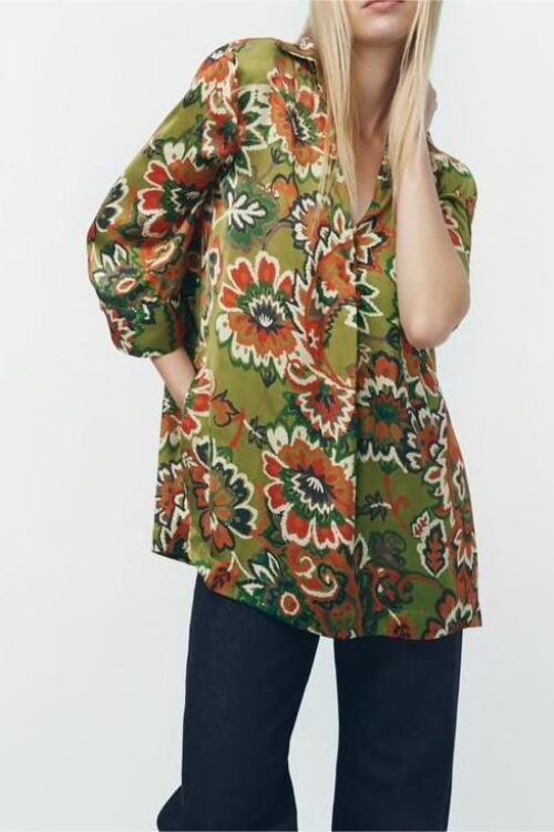 Autumn Collared Floral Print Loose Pullover Shirt Top Women
