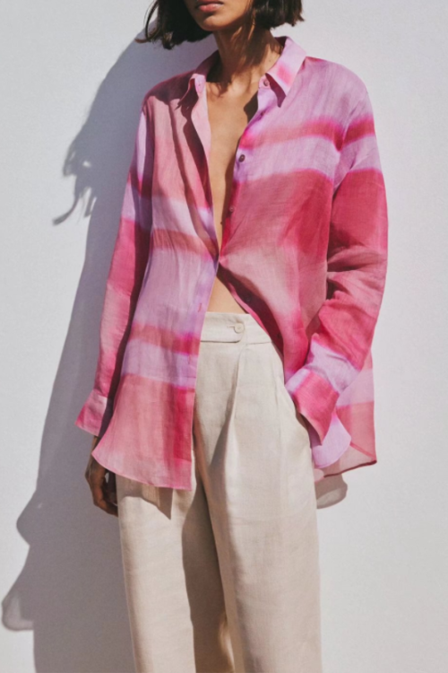 Summer Spring Summer Long Sleeve Draping Tie-Dye Color Matching Women Pink Printing Long Sleeve Shirt