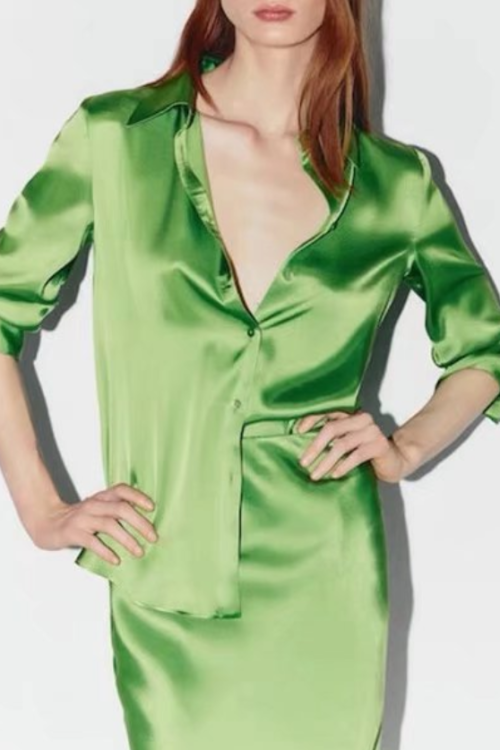 Satin Green Collared Plain All-Match Elegant Long Sleeve Shirt Top