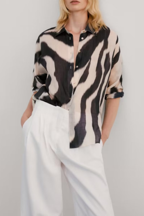 Summer Women All-Match Casual Loose Casual Cotton Linen Zebra Pattern Shirt