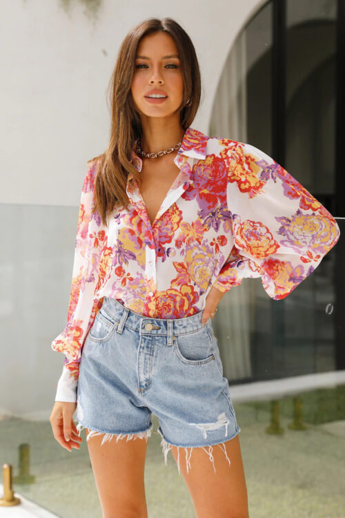 Women Floral Cardigan Top Lantern Long Sleeve Summer Chiffon Shirt Western High Sense Shirt
