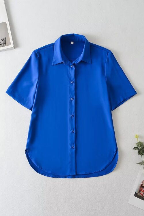 Summer Women Clothing Slit Design Shirt Korean Silk Satin Texture Short Sleeve Polo Collar Top