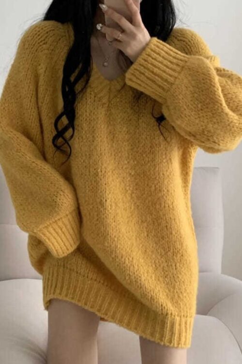 Autumn Winter Knitted Sweaters Women Oversized Simple Loose V-neck Pullovers
