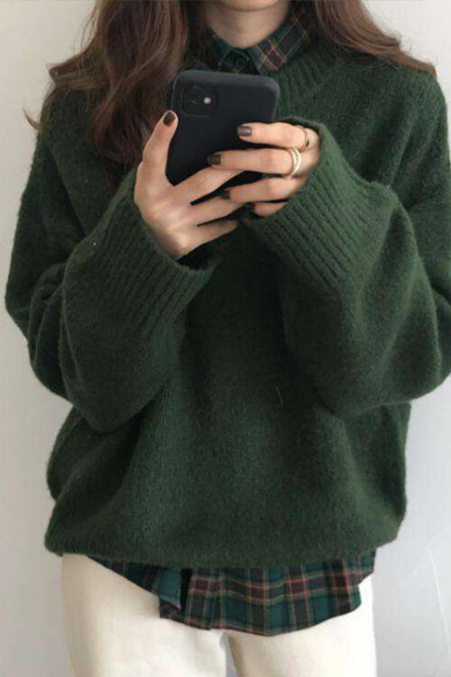 Winter Women Knitted Sweaters Solid Dark Green Long Sleeve Top Soft Warm Pullovers